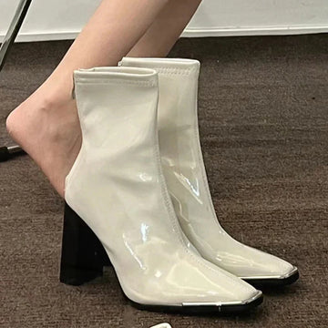 Xajzpa Fashion Women Thick High Heel Ankle Boots Solid Patent Leather Office Pumps Autumn Mujer Square Toe Short Boots